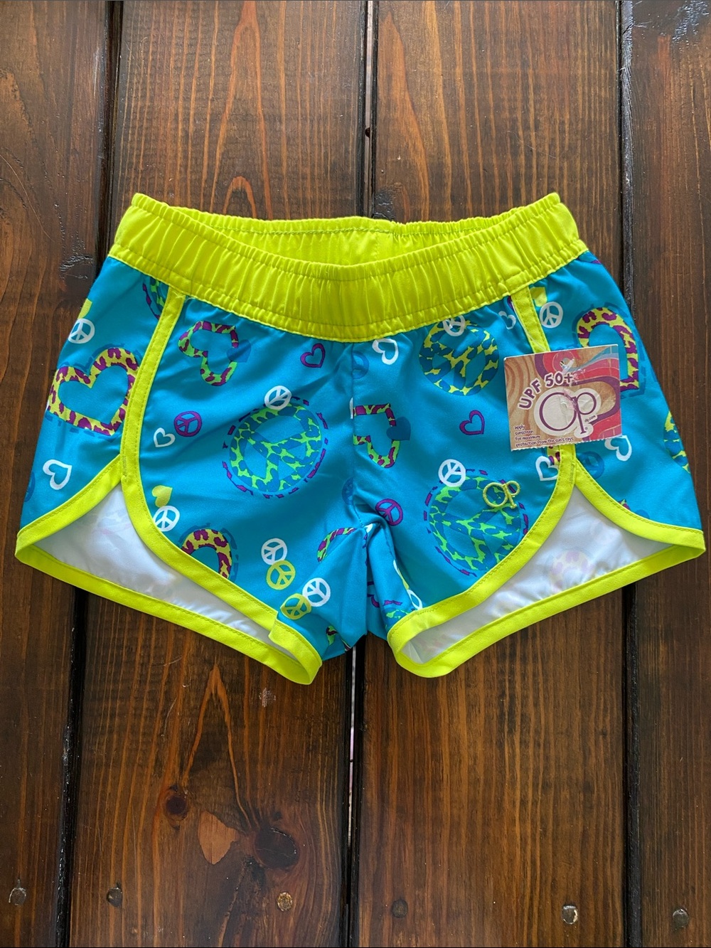 Op Bright Turquoise Swim Shorts with Neon Yellow Trim Size 4/5 New!